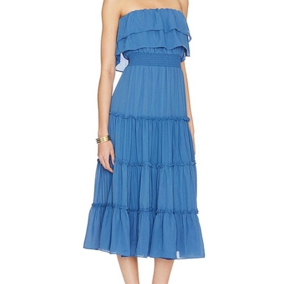 1. STATE BLUE STRAPLESS RUFFLE TOP TIERED SMOCKED WAIST MIDI DRESS SZ MEDIUM NEW - Picture 9 of 10